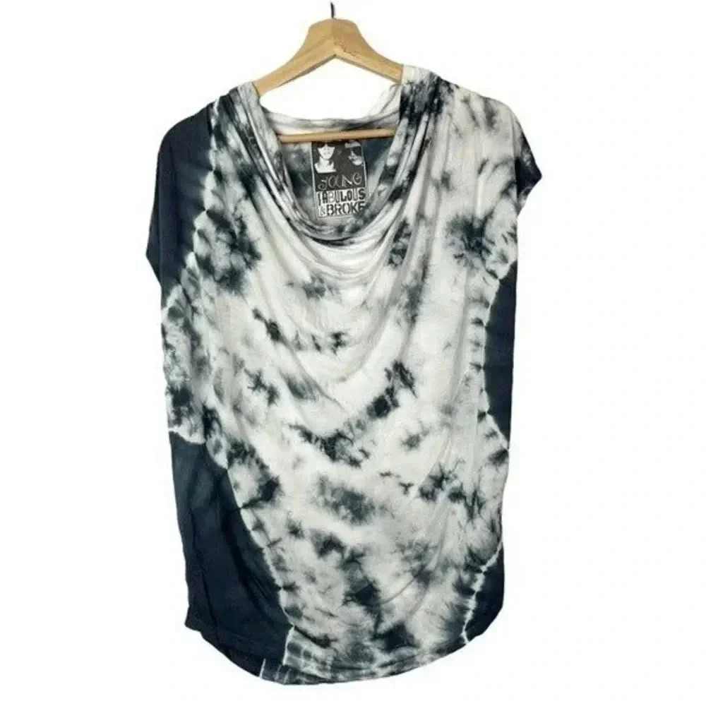 Young Fabulous & Broke Gray & White Tie Dye Cowl Neck Short Sleeve XS
